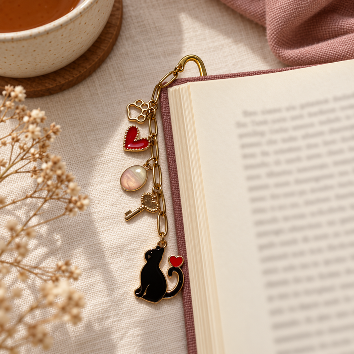 Black Cat & Heart Charm Bookmark