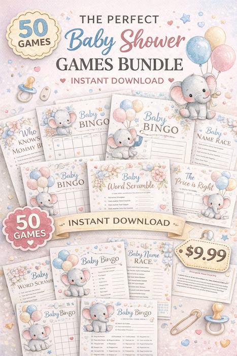 50 Baby Shower Games Printable Bundle – Little Elephant Theme