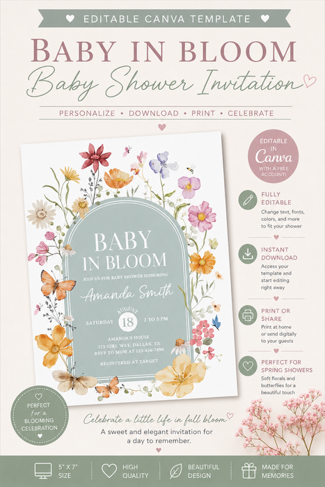Baby in Bloom Baby Shower Invitation – Editable Canva Template (Floral Design)