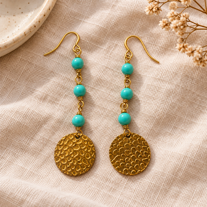 Turquoise Czech Glass & Textured Brass Earrings — OOAK