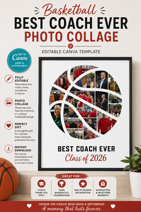 Basketball Best Coach Ever Photo Collage – Editable Canva Template