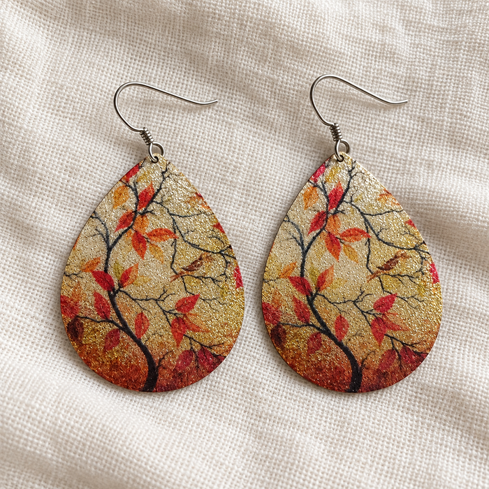 Autumn Tree Glitter Teardrop Earrings