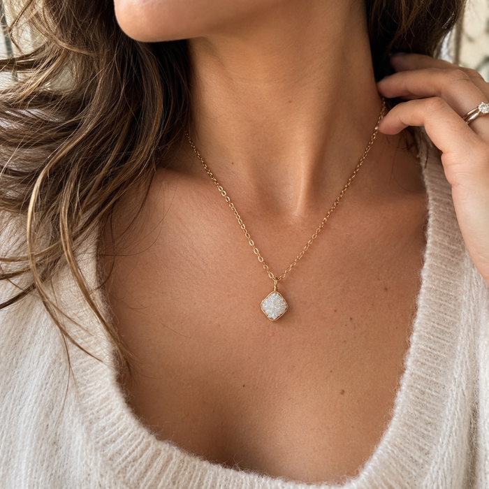 White Druzy Gemstone Necklace – Gold Filled – One of a Kind