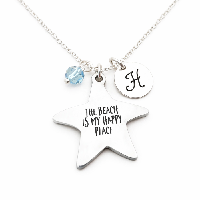 The Beach Is My Happy Place Necklace – Sterling Silver with Birthstone & Initial – Personalized Beach Jewelry