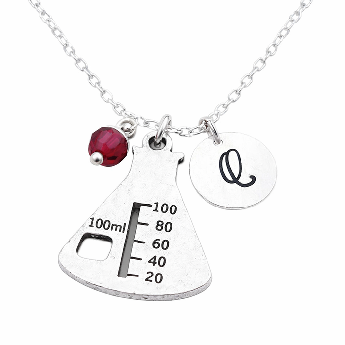 Chemistry Beaker Necklace – Sterling Silver with Birthstone & Initial Charm
