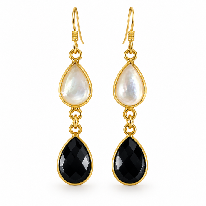 Black Spinel & Mother of Pearl Gold Filled Drop Earrings