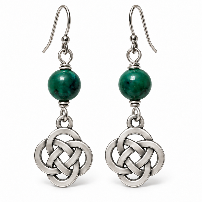 Green Bead Celtic Knot Earrings