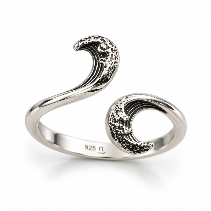 Sterling Silver Stylized Wave Adjustable Ring – Ocean Energy Yin Yang Design