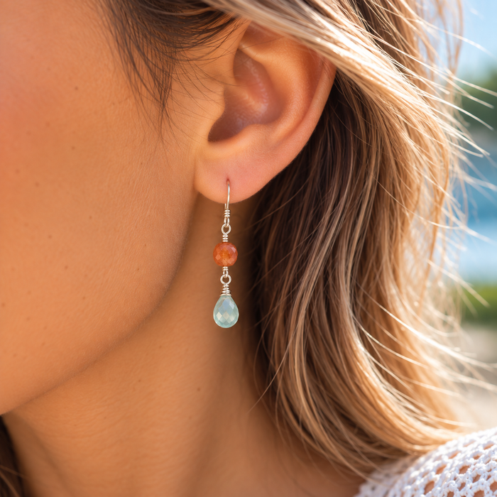 Aquamarine & Carnelian Earrings – Sterling Silver