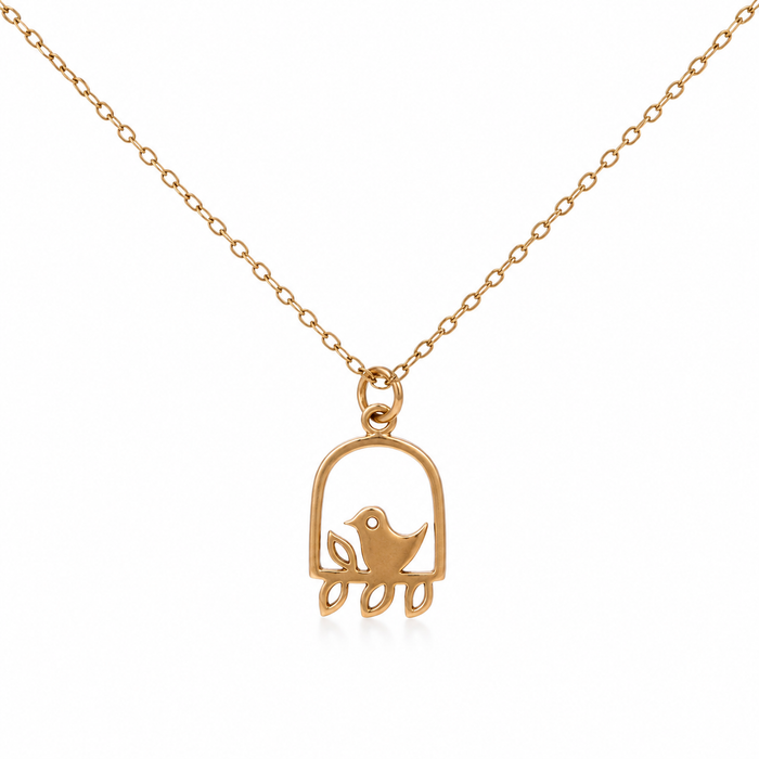 Tiny Bird on Branch Necklace | Minimalist Gold Bird Charm