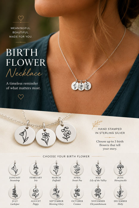 Birth Flower Necklace | Hand Stamped | Sterling Silver