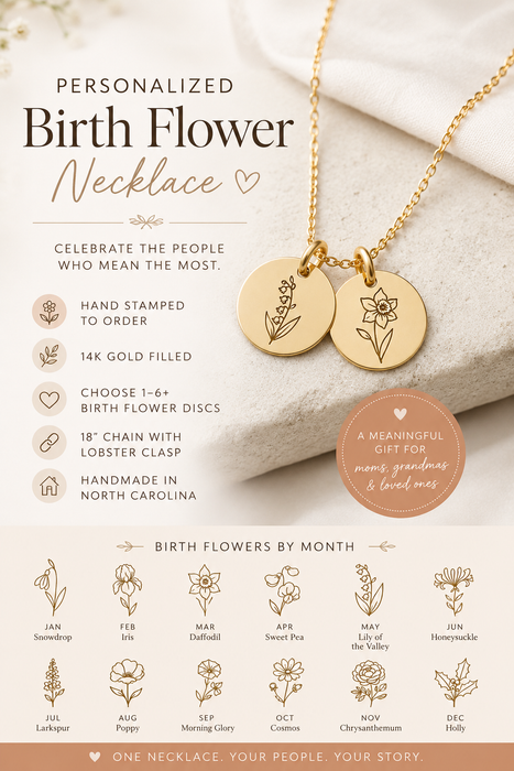 Birth Flower Necklace | Hand Stamped | 14K Gold Filled