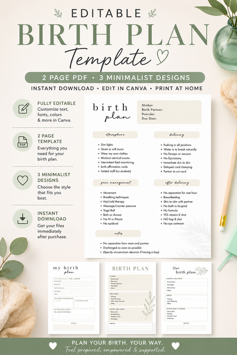 Editable Canva Birth Plan Template – 2 Page PDF in 3 Minimalist Designs (Instant Download)