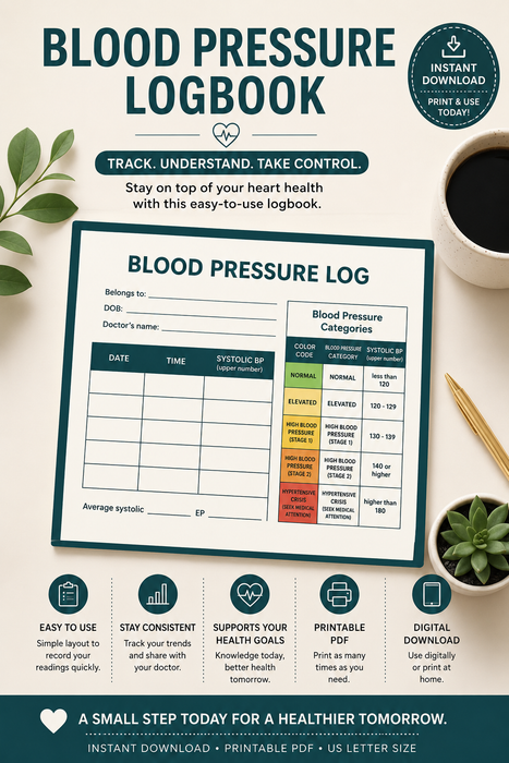 Digital Blood-Pressure Logbook – Printable Tracker PDF | Instant Download
