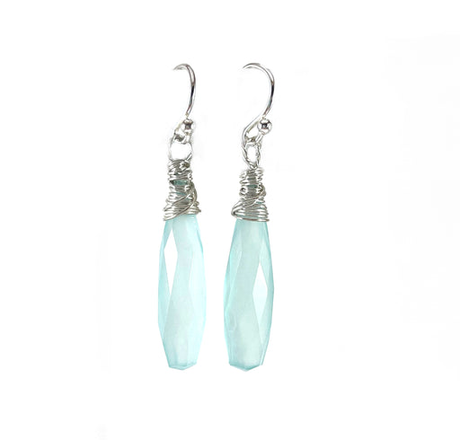 Handmade dangle earrings with faceted aqua chalcedony gemstones wrapped in sterling silver wire