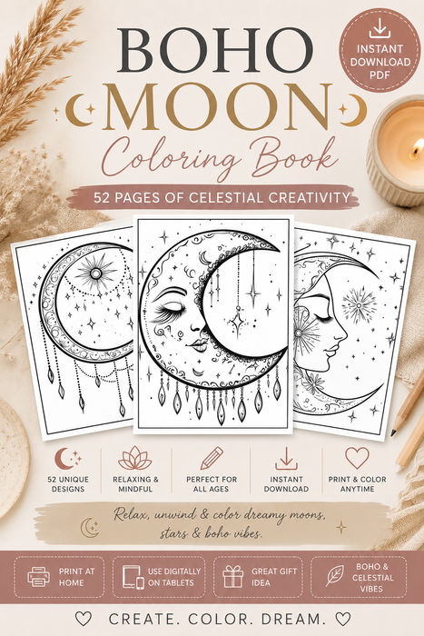 Boho Moon Coloring Book – 52 Page Instant Download