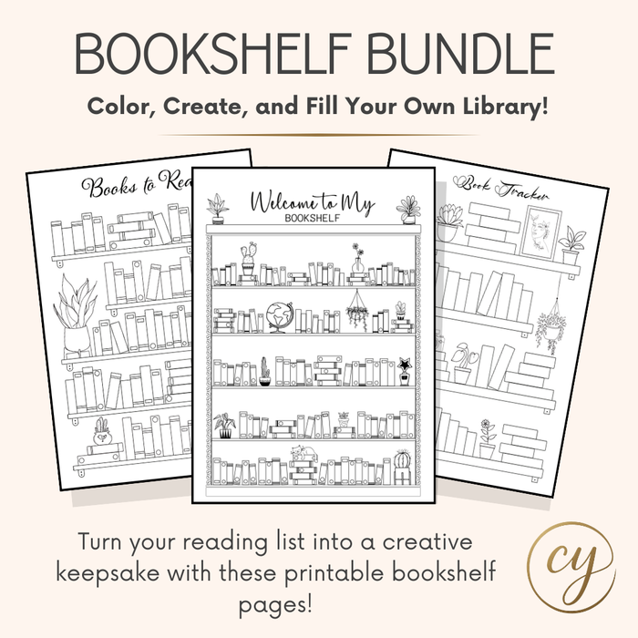 Bookshelf Coloring Pages Bundle – Printable Book Tracker (5 Unique Designs, PDF Download)