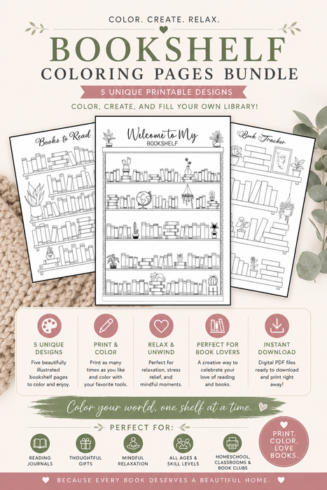 Bookshelf Coloring Pages Bundle – Printable Book Tracker (5 Unique Designs, PDF Download)