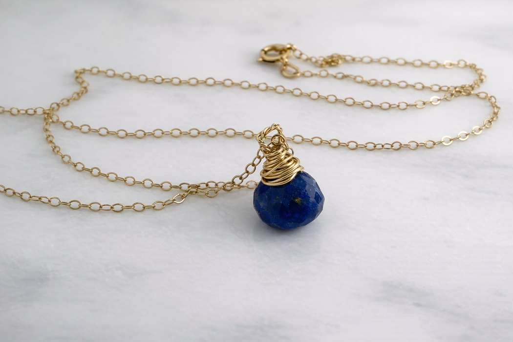 Lapis Lazuli Briolette Necklace – 14k Gold Filled – Hand Wrapped Gemstone Pendant