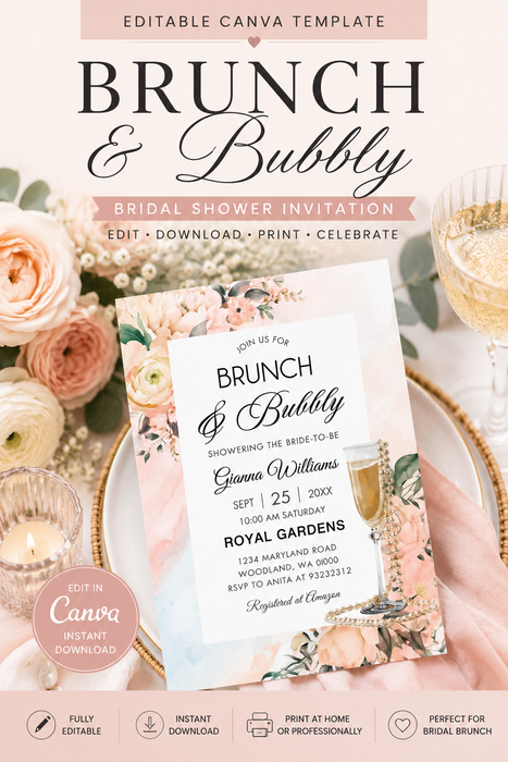 Brunch & Bubbly Bridal Shower Invitation | Editable Canva Template