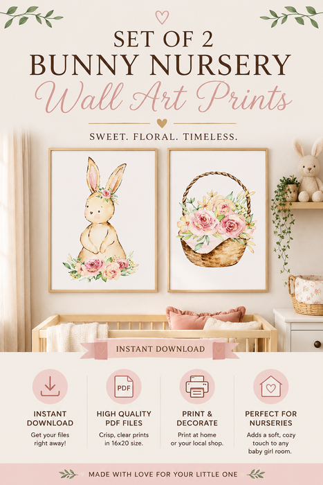 Set of 2 Bunny Nursery Wall Art Prints – 16x20 Floral Bunny & Basket – Instant Download PDF – Baby Girl Room Decor