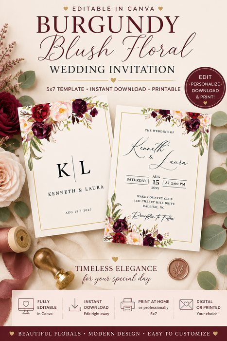 Burgundy Blush Floral Wedding Invitation Template