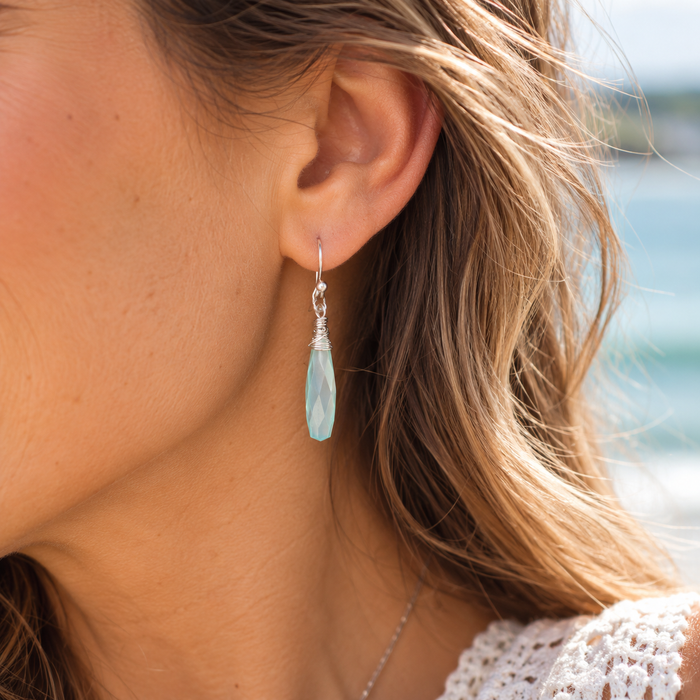 Aqua Chalcedony Briolette Wire Wrapped Earrings