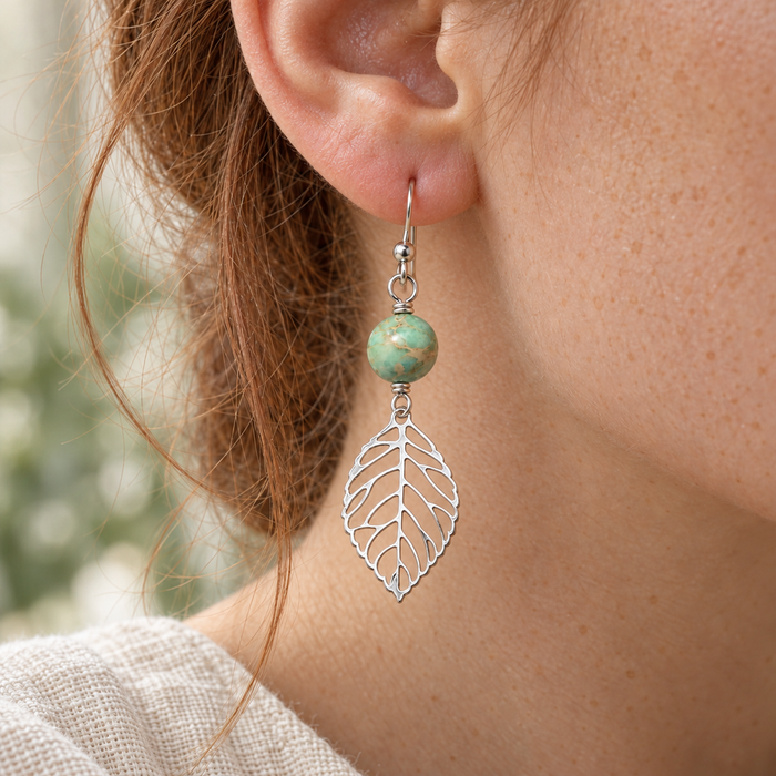 Aqua Jasper & Silver Leaf Earrings