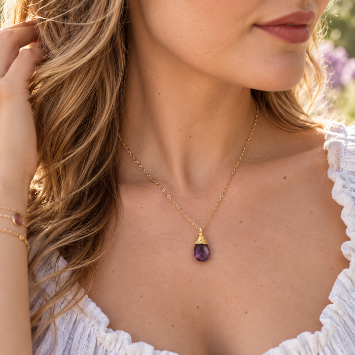 Amethyst Birthstone Necklace – February Gemstone Jewelry, 14k Gold Filled Briolette, Handmade Gift for Her