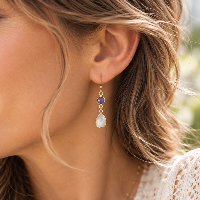 Amethyst & Moonstone Dangle Earrings – 14k Gold Filled