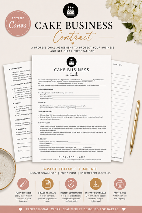 Cake Business Contract Template – 3-Page Editable Canva Form (Instant Download)