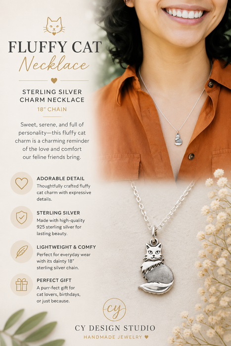 Sterling Silver Fluffy Cat Charm Necklace – Realistic Cat Lover Gift