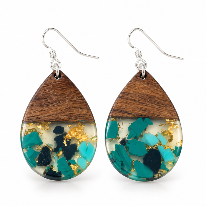 Upcycled Wood & Resin Teardrop Earrings - Sterling Silver