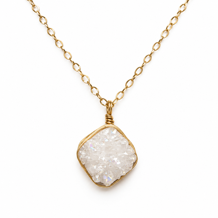 White Druzy Gemstone Necklace – Gold Filled – One of a Kind
