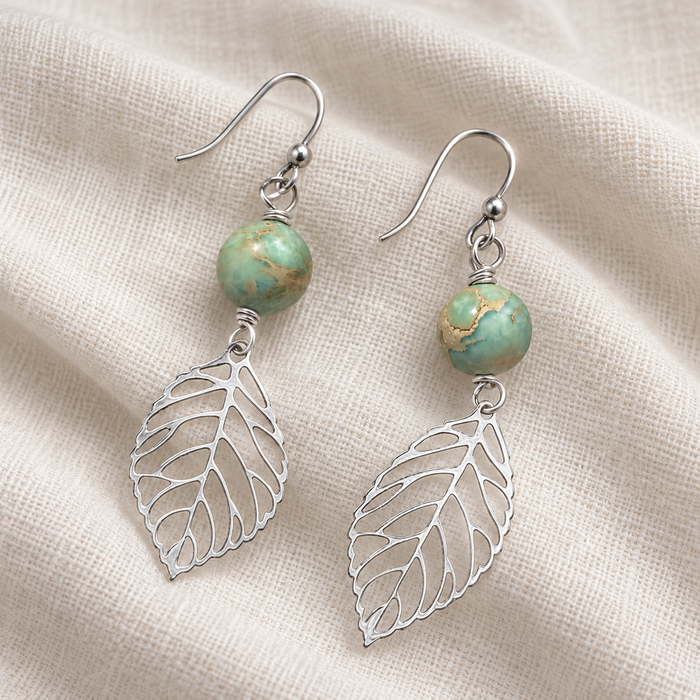 Aqua Jasper & Silver Leaf Earrings