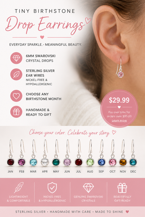 Tiny Sterling Silver Birthstone Drop Earrings – 6mm Swarovski Crystals