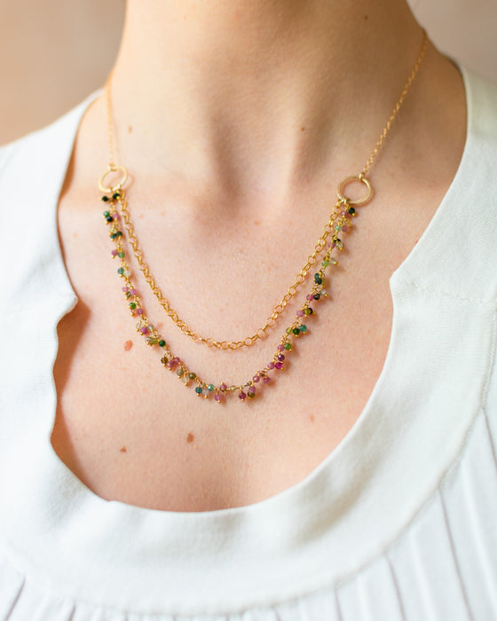 One of a Kind Tourmaline Cluster Necklace – Dual Layer Gold Filled Statement Necklace – Handmade in Raleigh