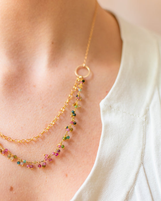One of a Kind Tourmaline Cluster Necklace – Dual Layer Gold Filled Statement Necklace – Handmade in Raleigh