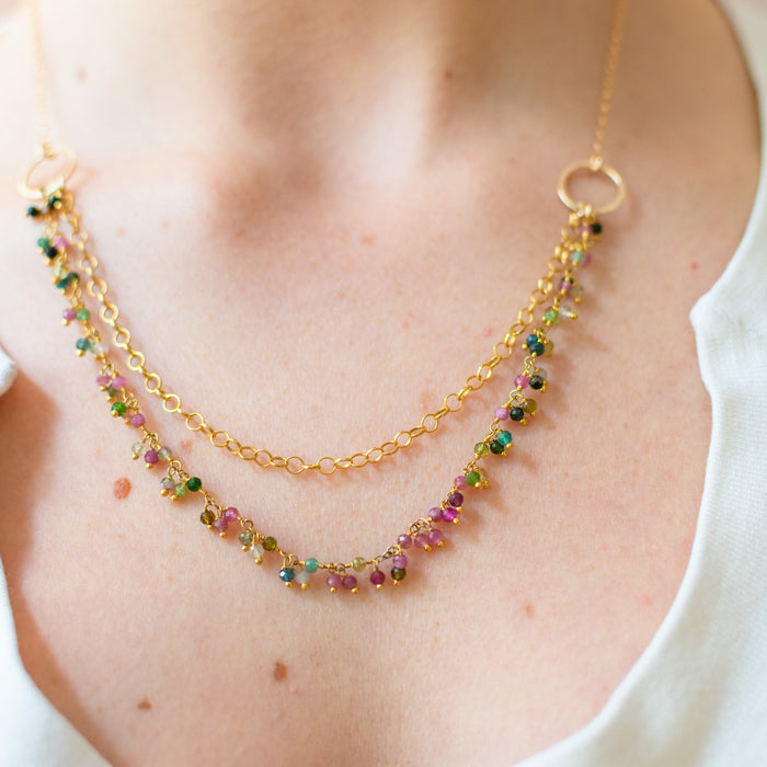 One of a Kind Tourmaline Cluster Necklace – Dual Layer Gold Filled Statement Necklace – Handmade in Raleigh
