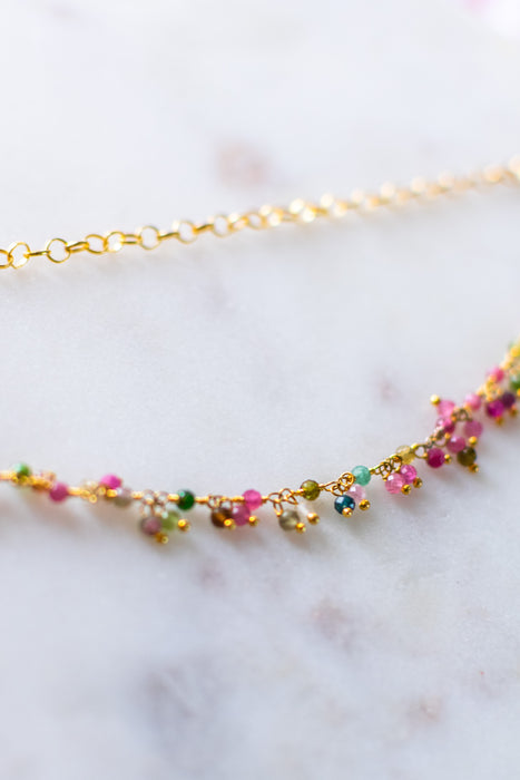 One of a Kind Tourmaline Cluster Necklace – Dual Layer Gold Filled Statement Necklace – Handmade in Raleigh