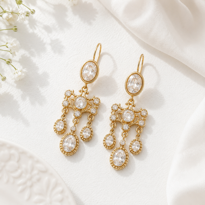 Oval Chandelier Bridal Earrings – 18K Gold Plated Crystal Statement Earrings