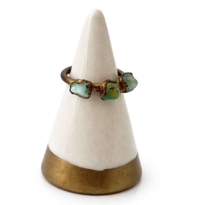 Chrysoprase Trio Ring – Electroformed Copper Ring – Raw Stone Statement Ring – Size 6