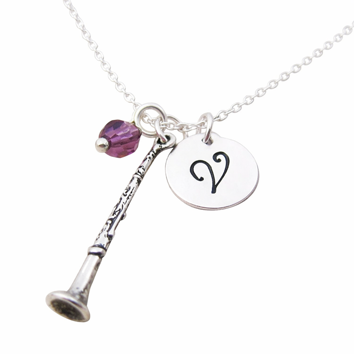 Personalized Clarinet Charm Necklace – Initial Pendant, 18 Inch Sterling Silver Chain, Music Gift