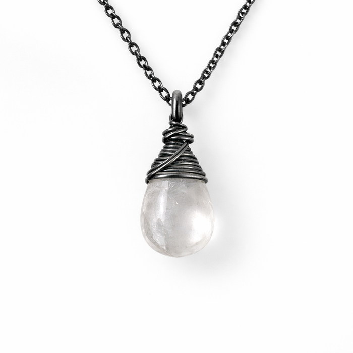 Clear Quartz Wire Wrapped Necklace – Oxidized Sterling Silver – Faceted Quartz Pendant – 18" Chain