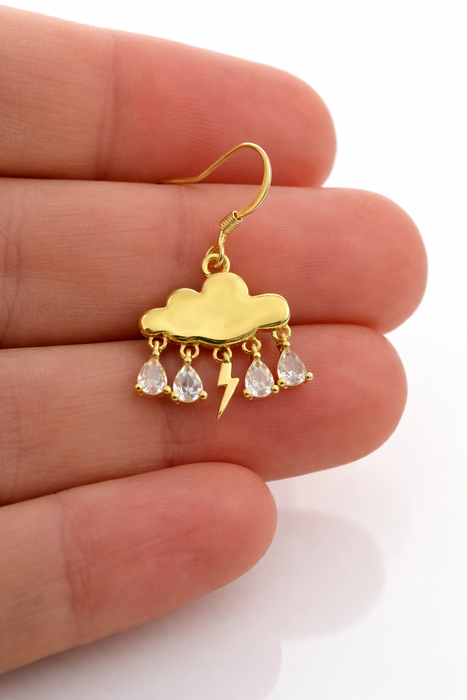 Storm Cloud Raindrop Earrings – CZ Lightning Charm – Gold Plated Hypoallergenic Earrings