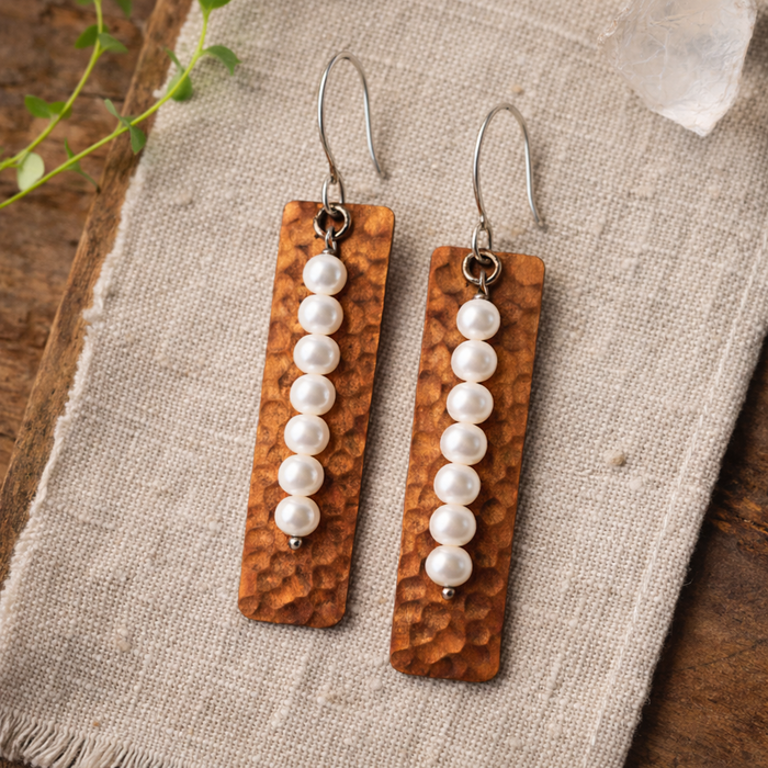 Hammered Copper & Freshwater Pearl Bar Earrings – Mixed Metal Rustic Dangles – Sterling Silver Earwires – Handmade in Raleigh