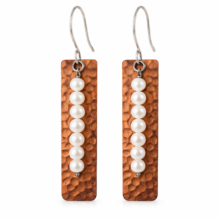 Hammered Copper & Freshwater Pearl Bar Earrings – Mixed Metal Rustic Dangles – Sterling Silver Earwires – Handmade in Raleigh