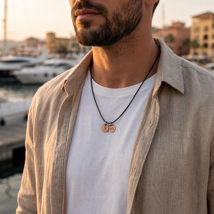 Personalized Copper Initial Necklace for Men – Hand Stamped Leather Cord Necklace – Custom Initial Jewelry Gift for Him