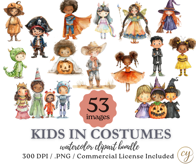 Kids in Costumes Watercolor Clip Art Bundle | 53 Cute Halloween Costume Children PNGs
