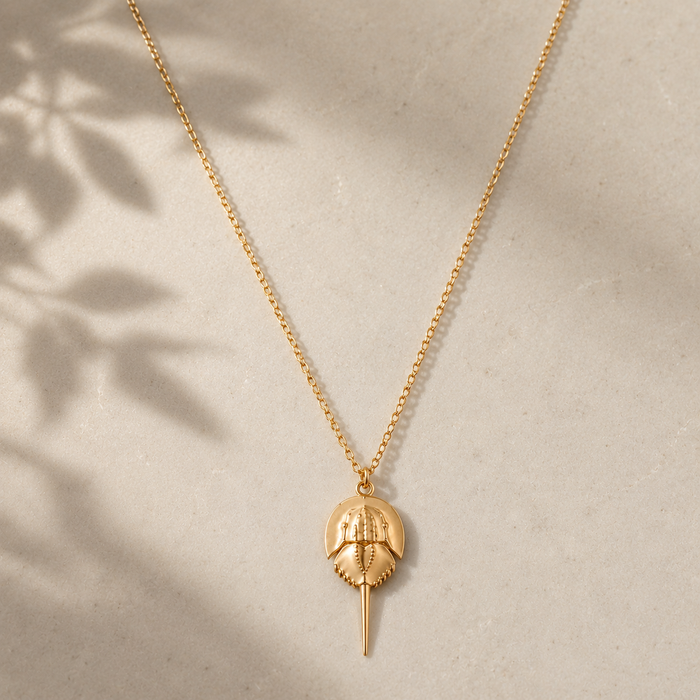Horseshoe Crab Necklace | Bronze Coastal Pendant on Gold Filled Chain